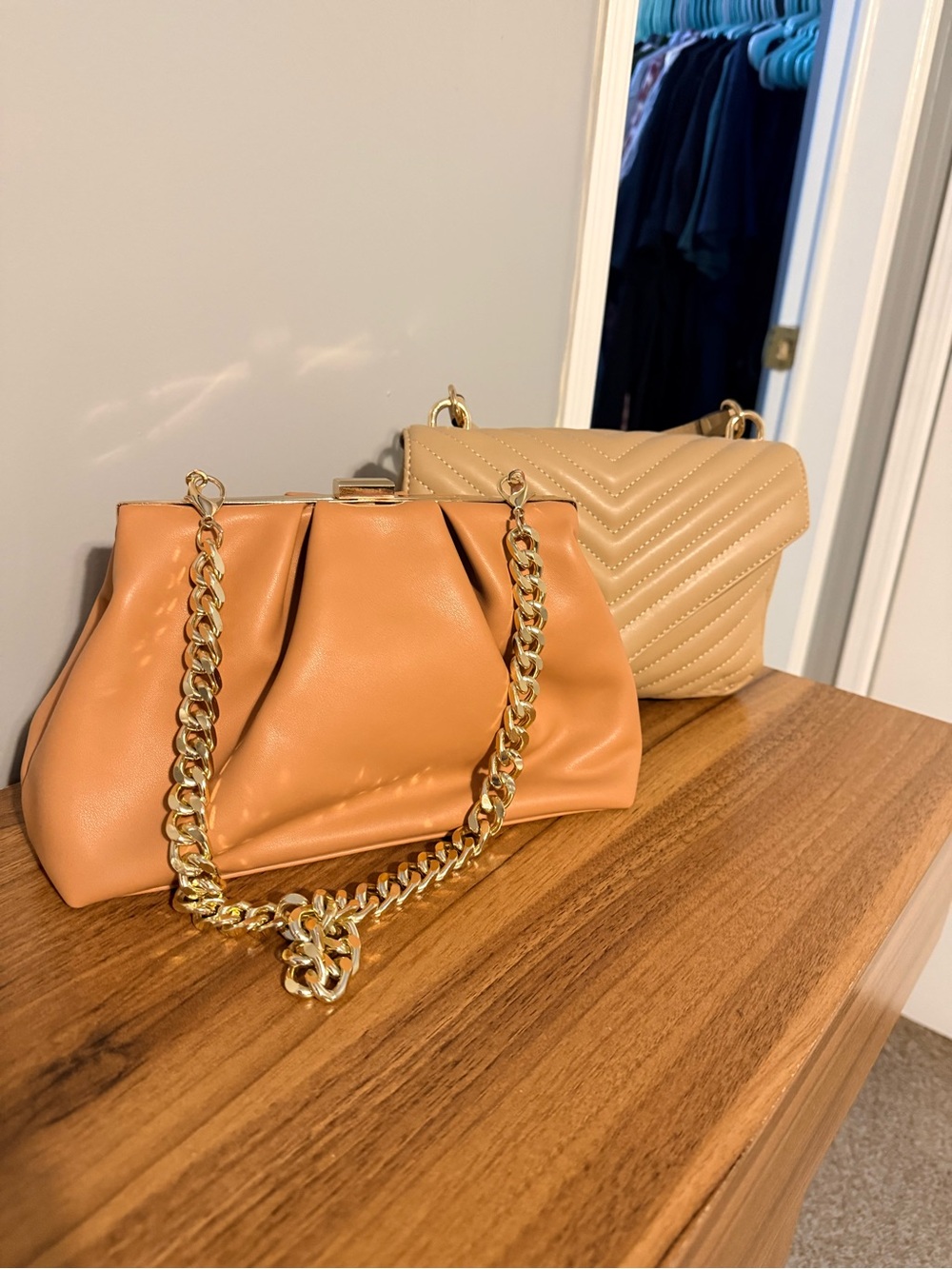 Womens Tan & Camel Chain-Handle Shoulder Bag Set